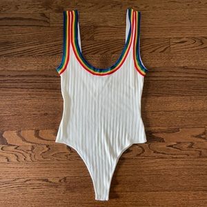 Superdown White Ribbed Bodysuit with Rainbow Strap